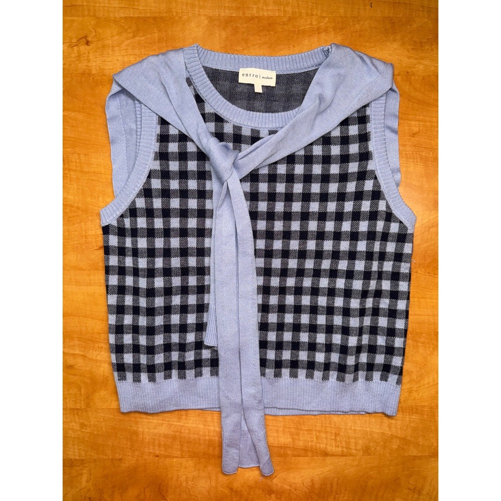 Entro Blue Gingham Plaid Tie Neck Sweater Vest Top Size Medium